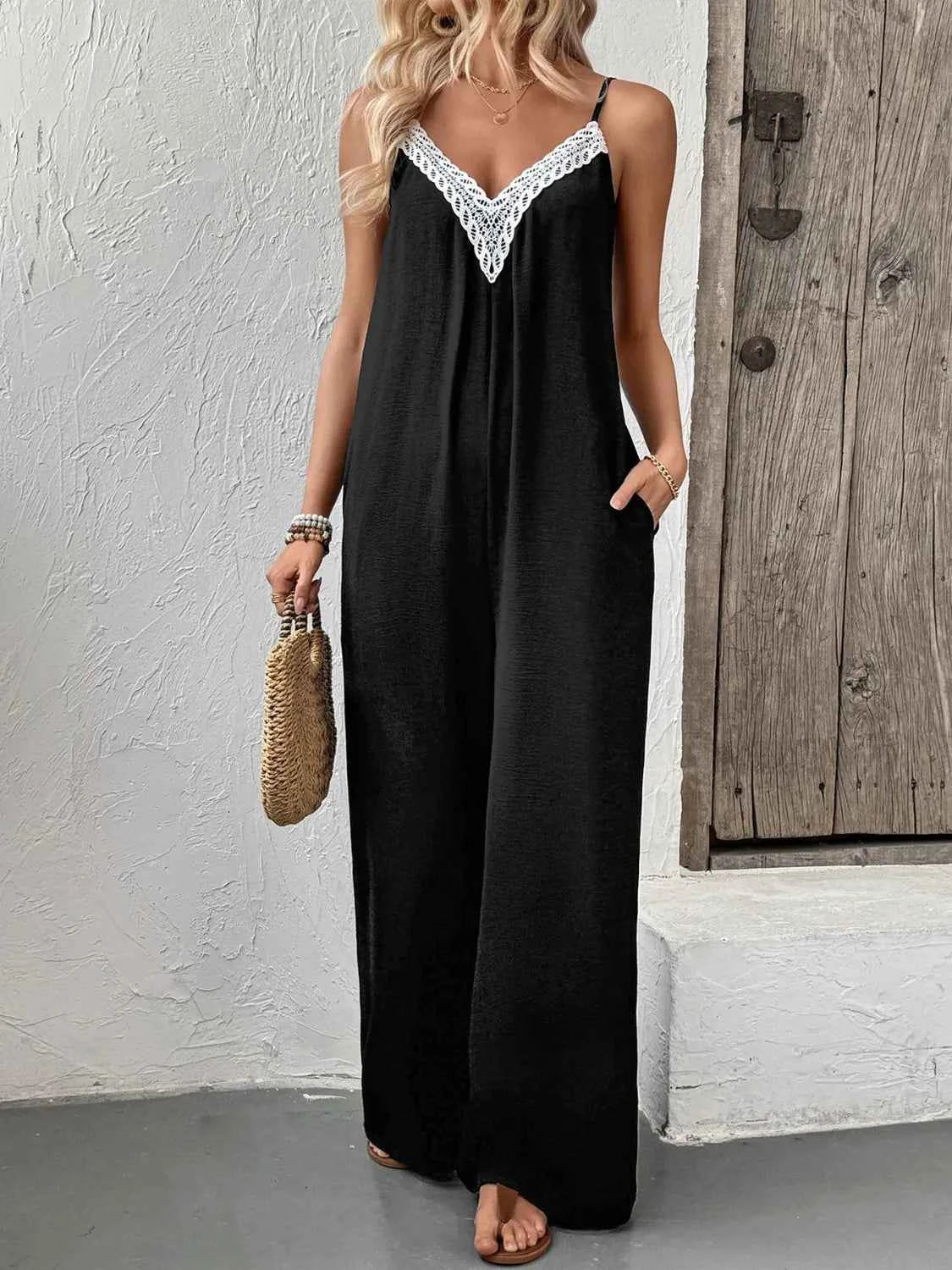 Lace Trim V-Neck Wide Leg Jumpsuit