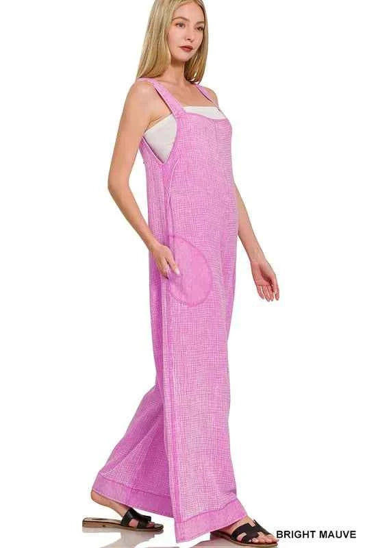 Zenana Double Gauze Washed Wide Leg Overalls