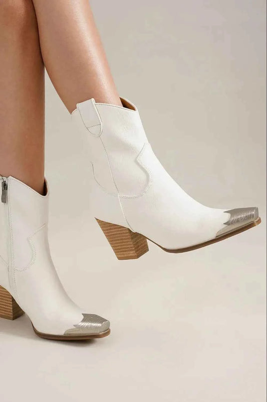 Chic Block Heel Boots with Metallic Toe Cap & Side Zipper
