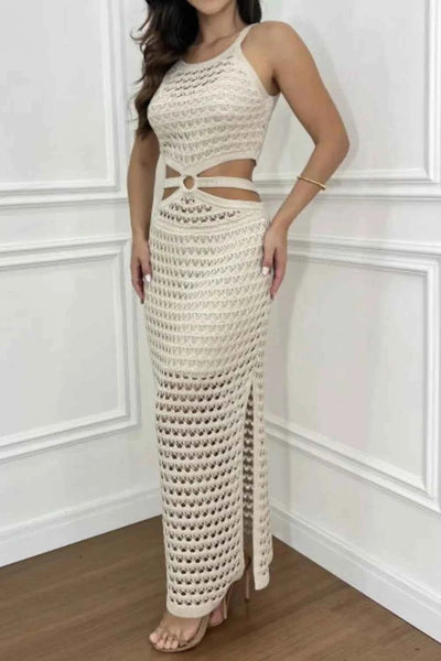 Cutout Slit Round Neck Sweater Dress โ Livostyle