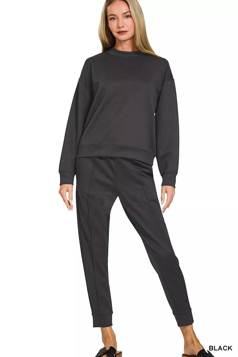 Scuba Mock Neck Sweatshirt and Joggers Set in BLACK