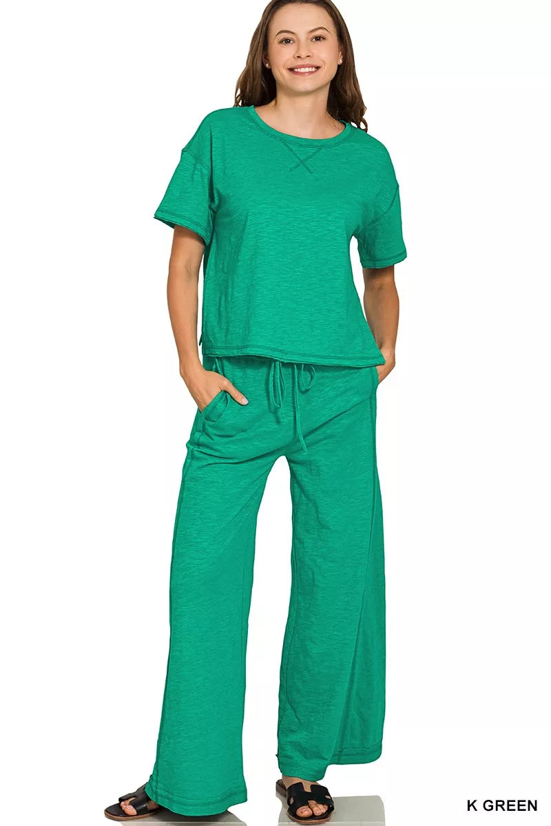 Cotton Slub Short Sleeve Tee and Pants Set in K Green — Livostyle