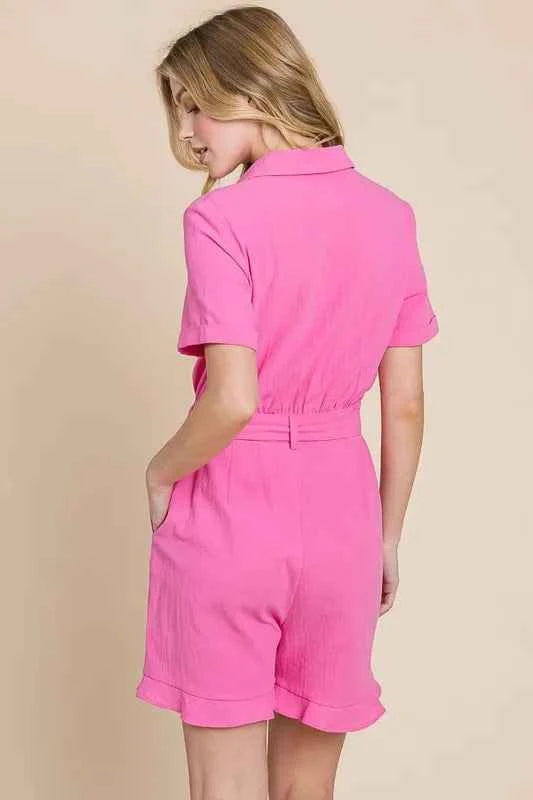 Lime 'N' Chili Collared Button Down Romper with Tie Belt
