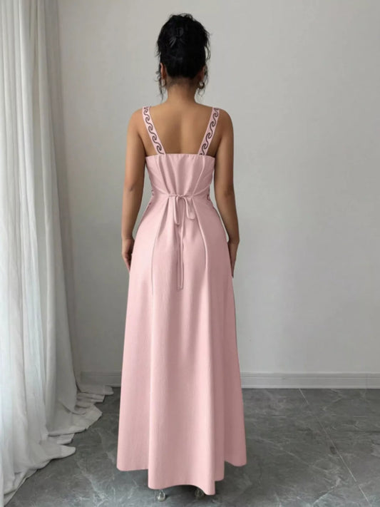 Floral Sleeveless Maxi Dress with Side Slit and Tie