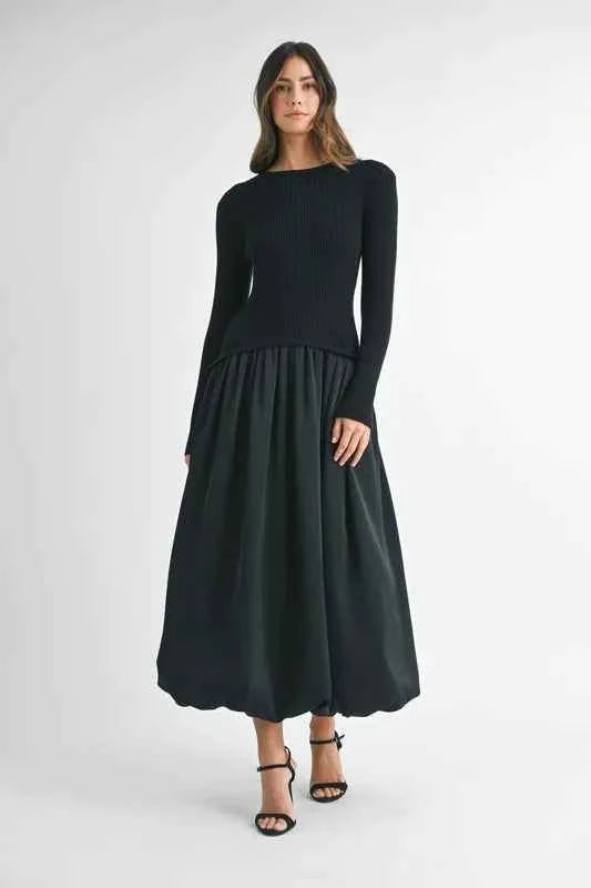 MABLE Ribbed Poplin Mix Midi Sweater Dress