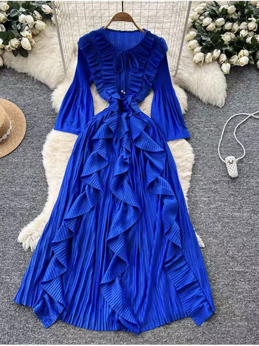 Ruffled A-Line Midi Dress with Lace-Up Detail in Royal Blue