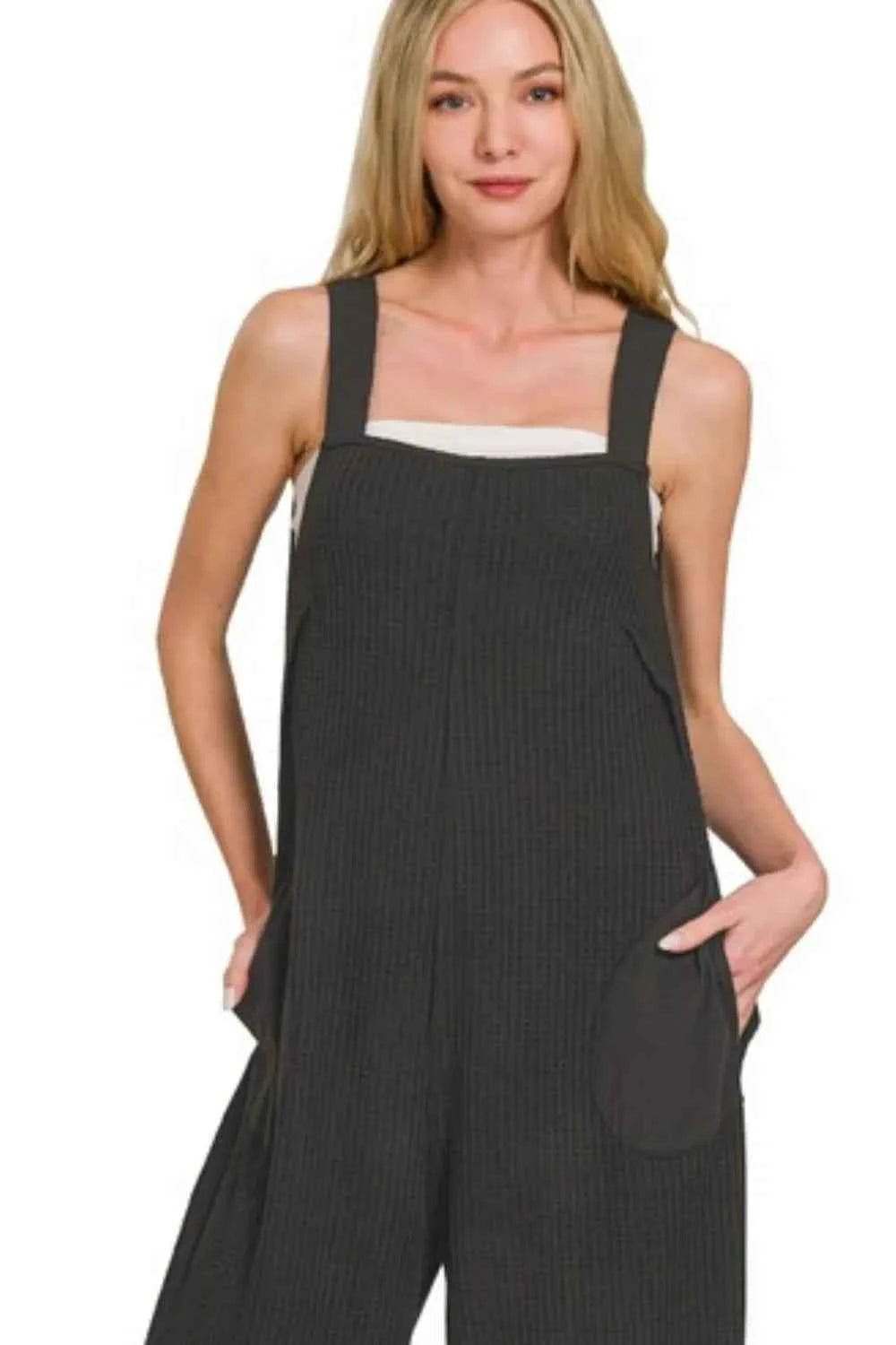 Zenana Knit Waffle Wide Leg Overalls