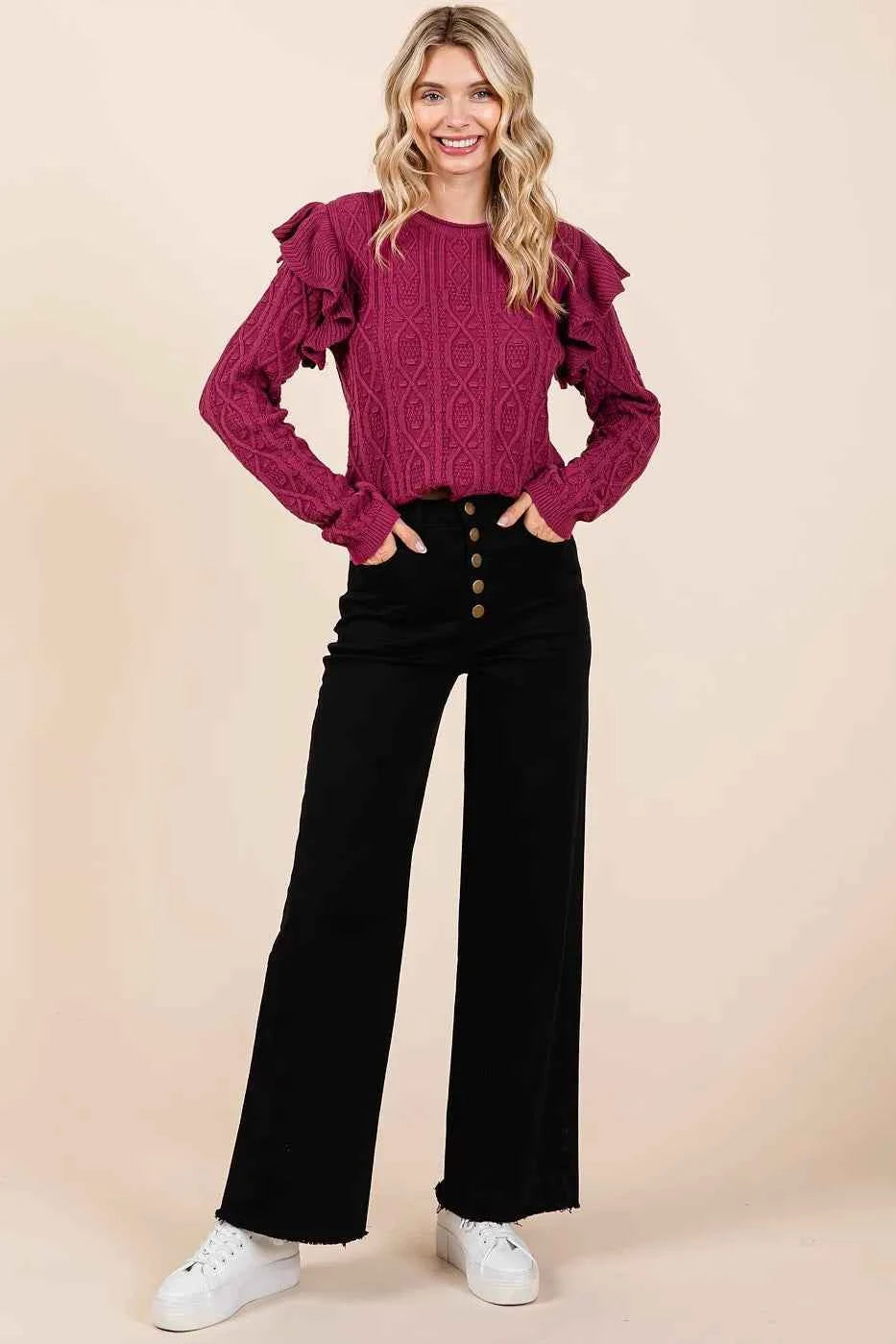 Mittoshop Twill High Waisted Button Fly Wide Leg Pants