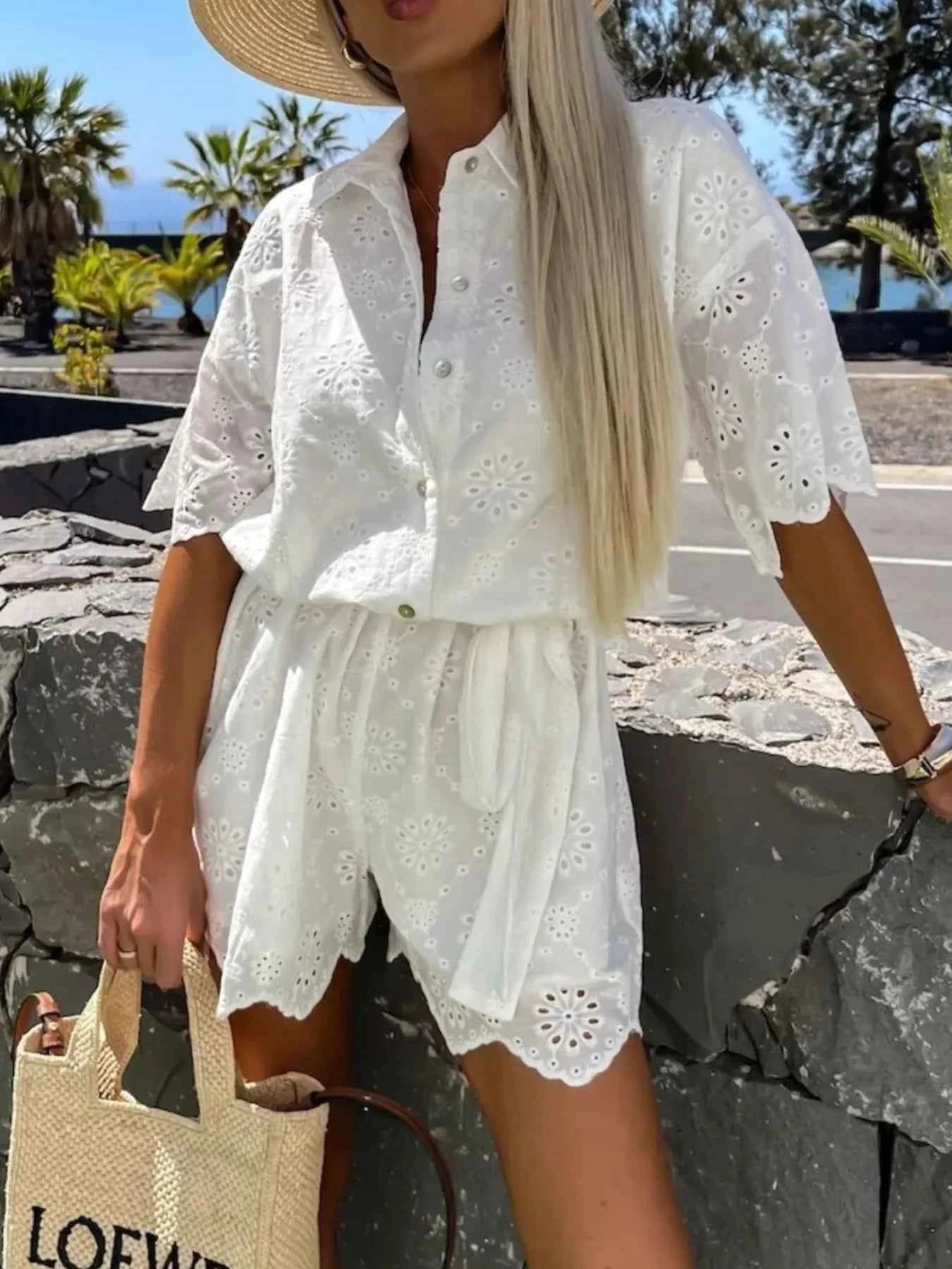 Eyelet Lace Button-Up Romper