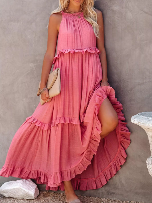 Ruffled Tiered Sleeveless Tie Maxi Dress