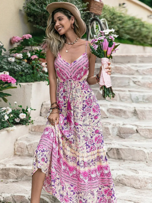 Printed Tassel V-Neck Maxi Dress