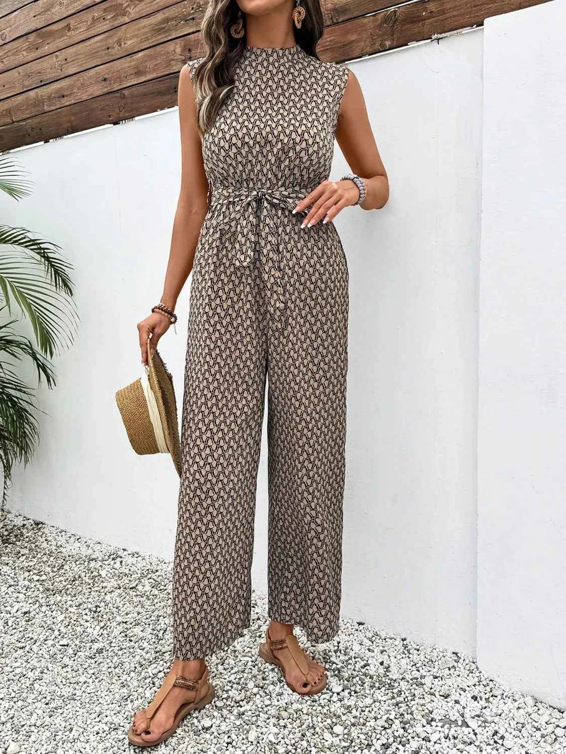 Printed Mock Neck Sleeveless Jumpsuit
