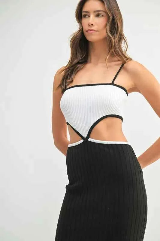 MABLE Ribbed Knit Color Block Cutout Midi Dress