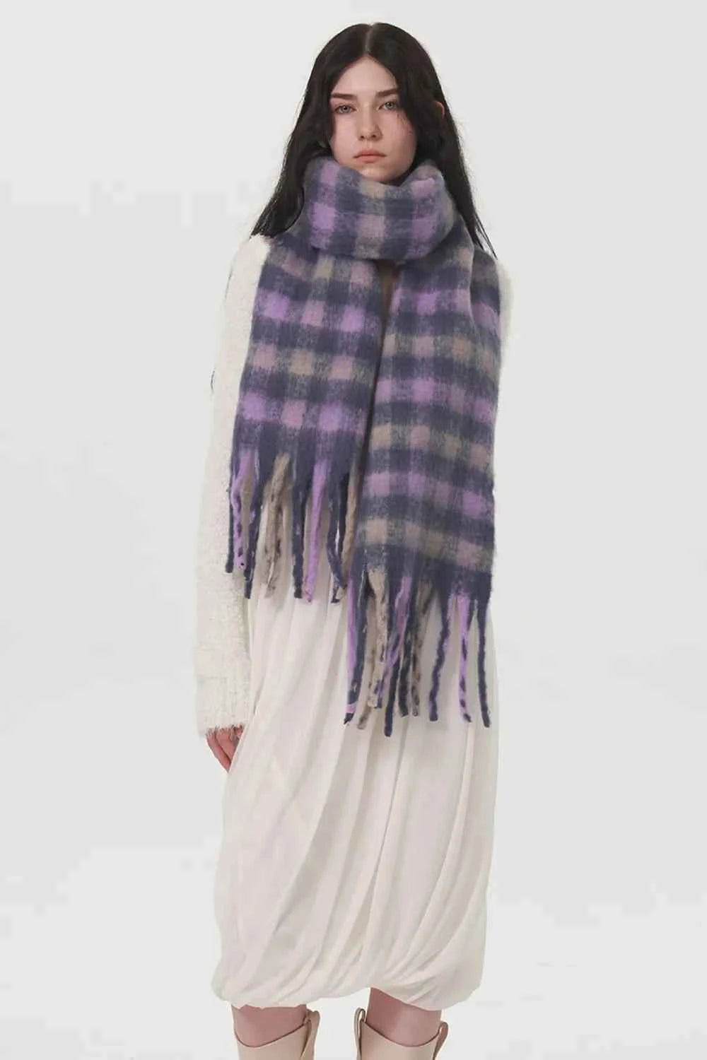Fringe Plaid Polyester Scarf