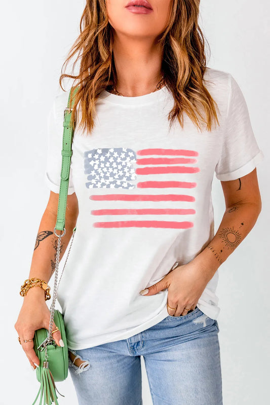 Relaxed US Flag Round Neck Short Sleeve T-Shirt in White – photo 2