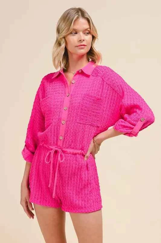 SO ME Textured Knit Button Front Romper