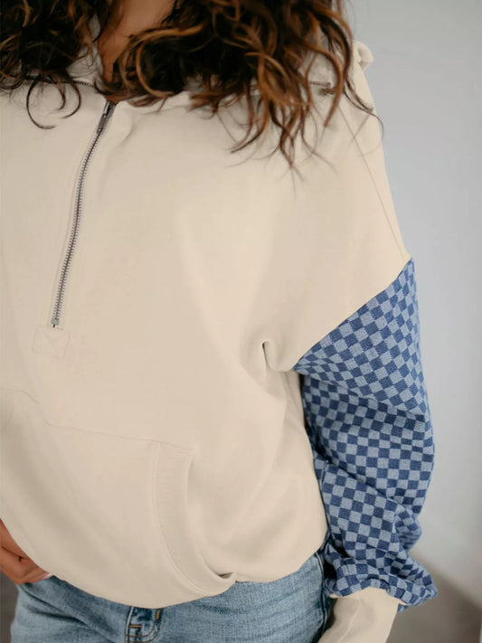 Checkered Color Block Half Zip Sweatshirt – Beige – photo 2