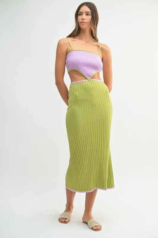 MABLE Ribbed Knit Color Block Cutout Midi Dress