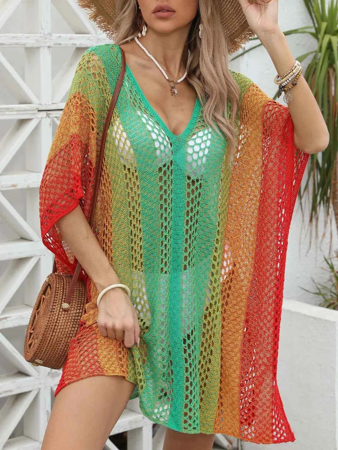 Rainbow Gradient Crochet Beach Cover Up