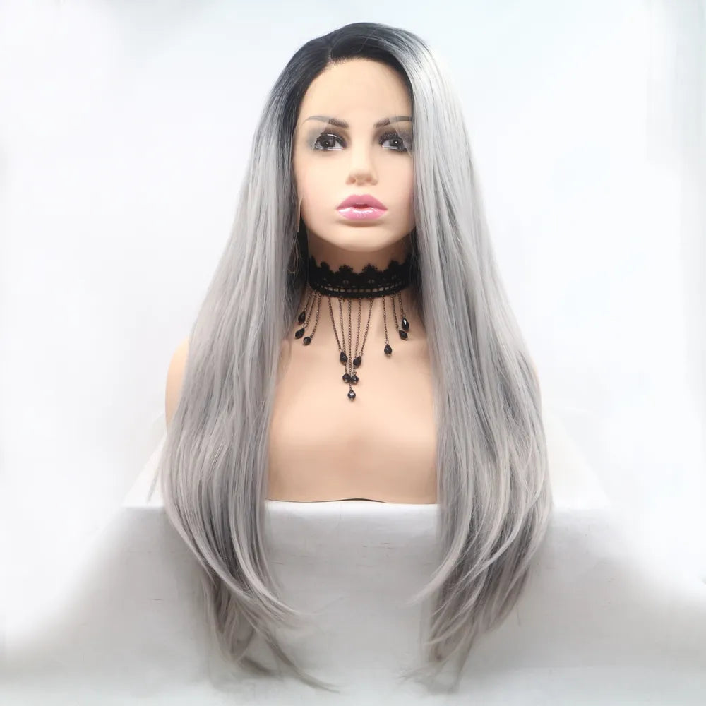 24" Lace Front Synthetic Wig in Silver Ombre, Long Straight — Livostyle