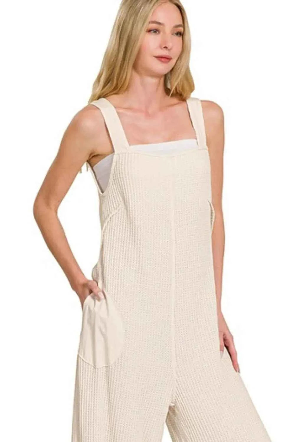 Zenana Knit Waffle Wide Leg Overalls