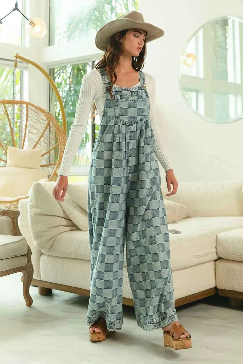 BiBi Washed Vintage Checker Wide Legs Overalls