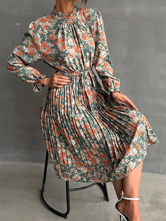 Floral Print Long Sleeve Pleated Midi Dress with Buttons