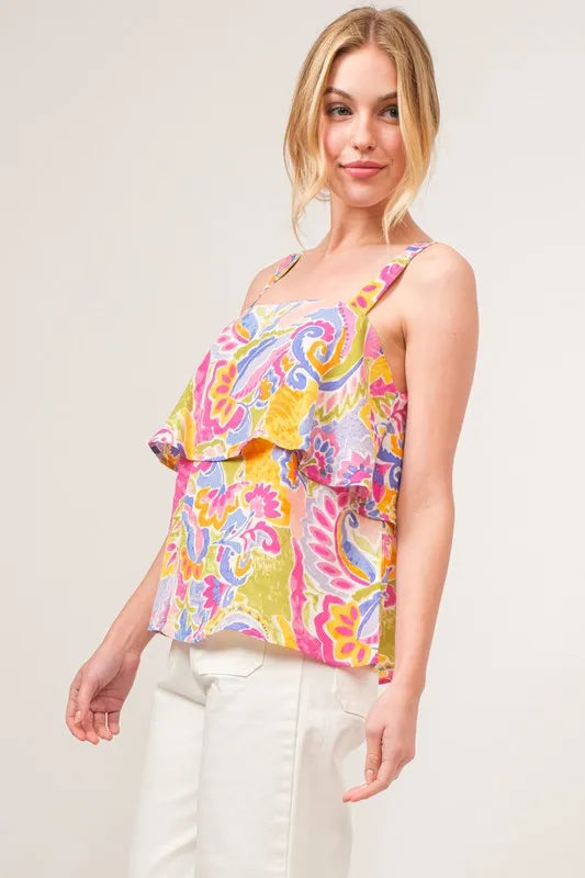 And The Why Square Neck Tiered Paisley Printed Top detail — Livostyle