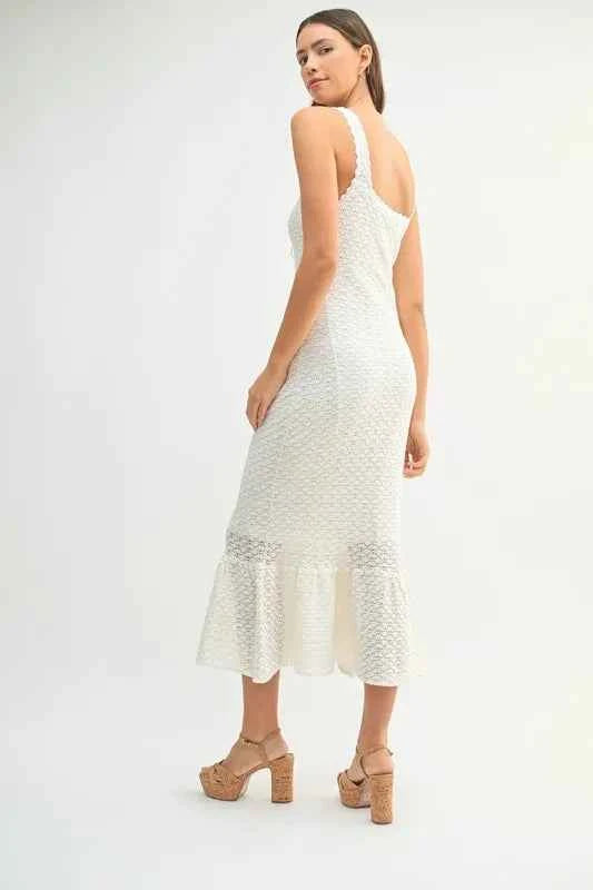 MABLE Ruffled Hem Sleeveless Crochet Knit Midi Dress