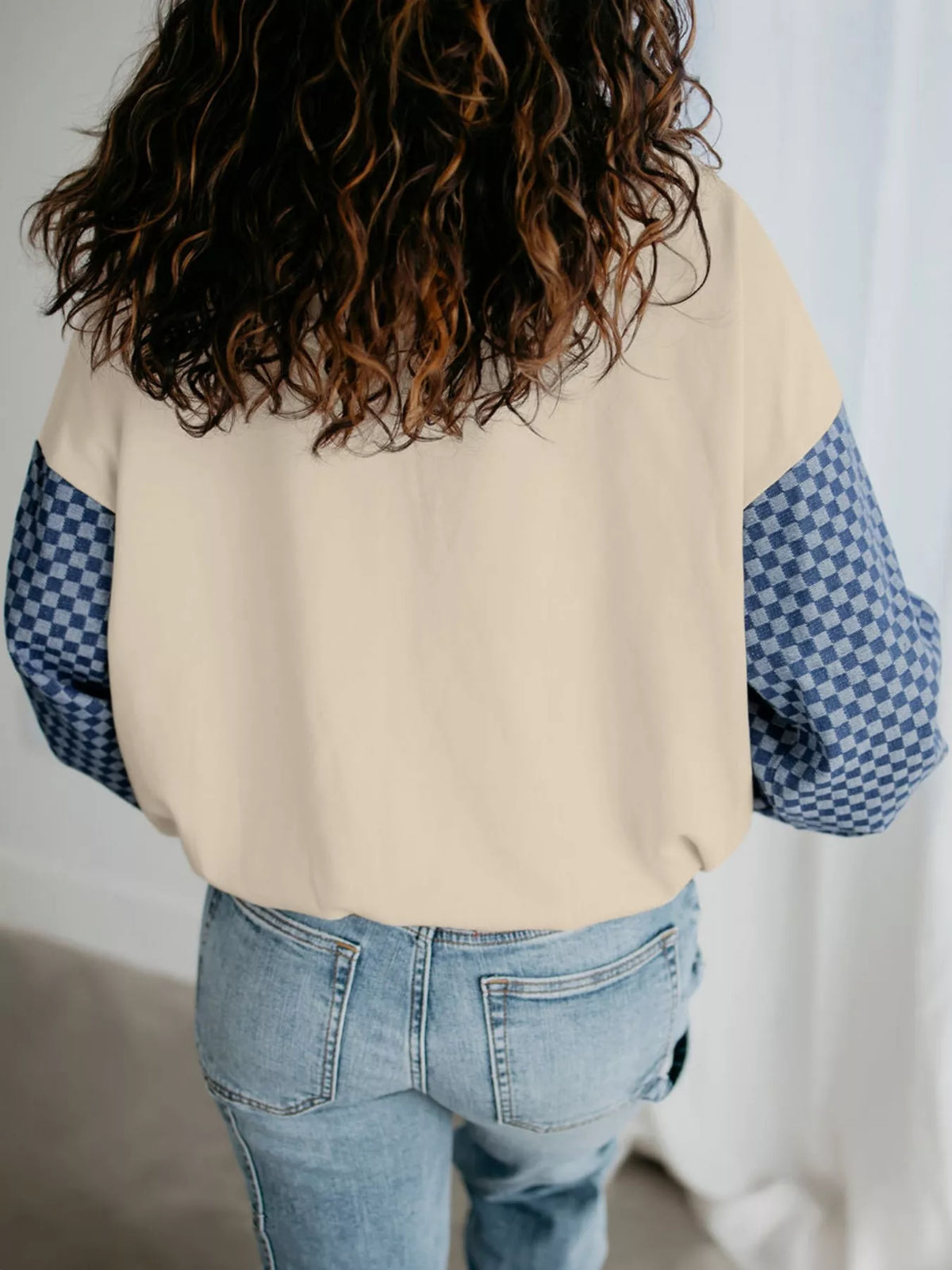 Checkered Color Block Half Zip Sweatshirt – Beige – photo 4