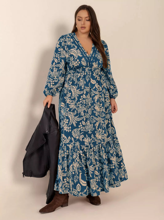 Boho Floral Ruched Long Sleeve Maxi Dress – Plus Size