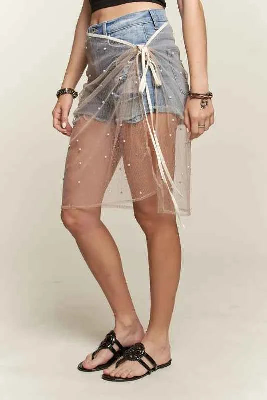 ADORA Pearl Accent Glitter Mesh Layered Cover-Up Skirt