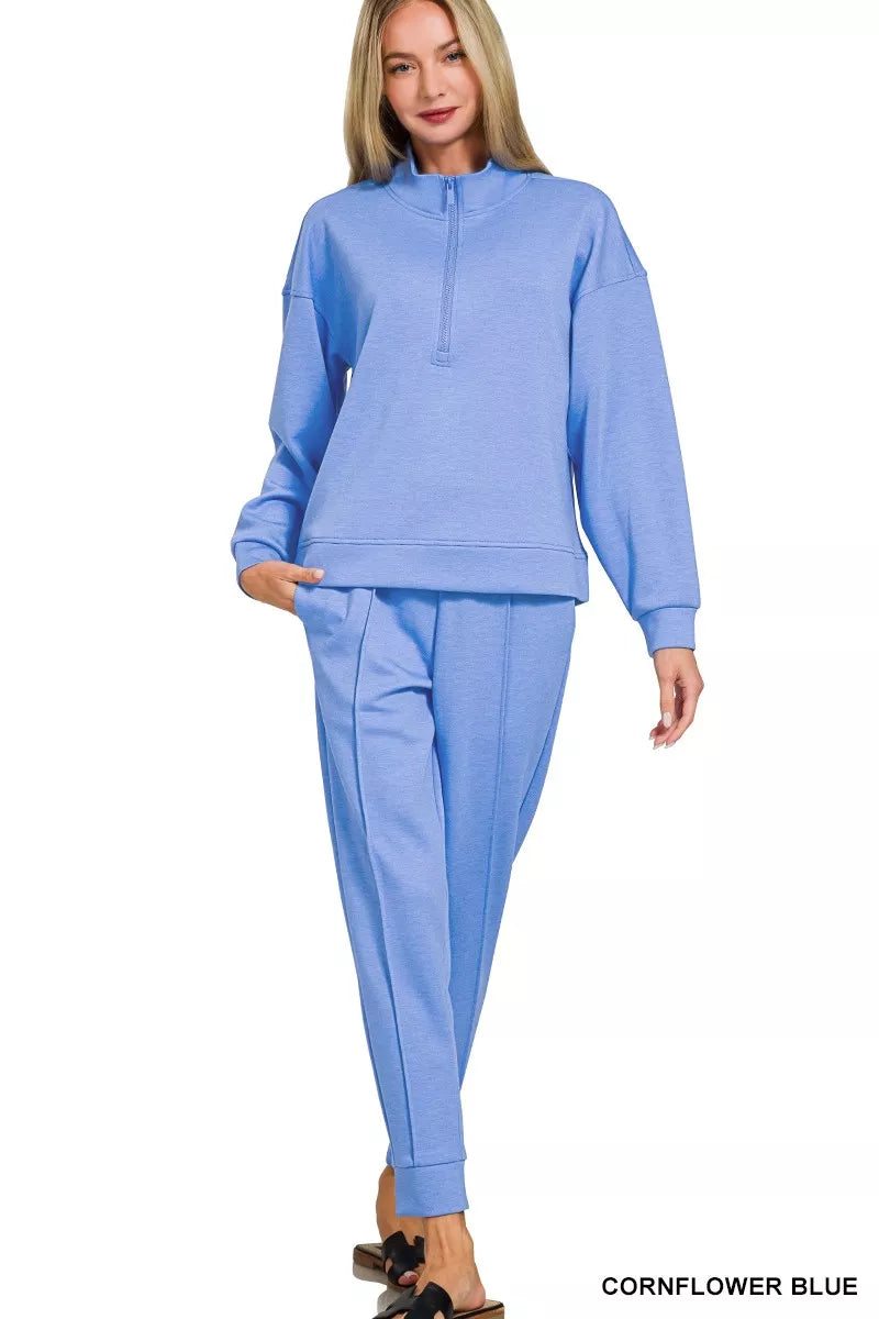 Scuba Half Zip Pullover and Jogger Set in CORNFLOWER BLUE