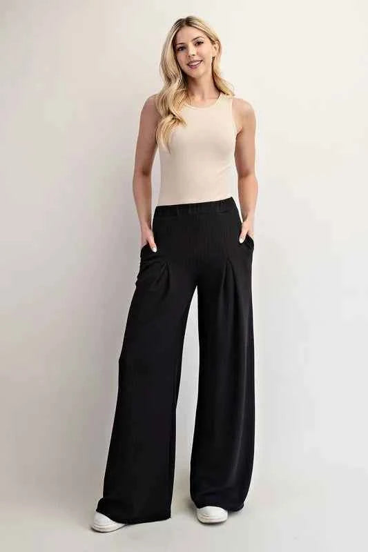 Celeste Full Size Ribbed Wide-Leg Pants with Pockets Plus Size