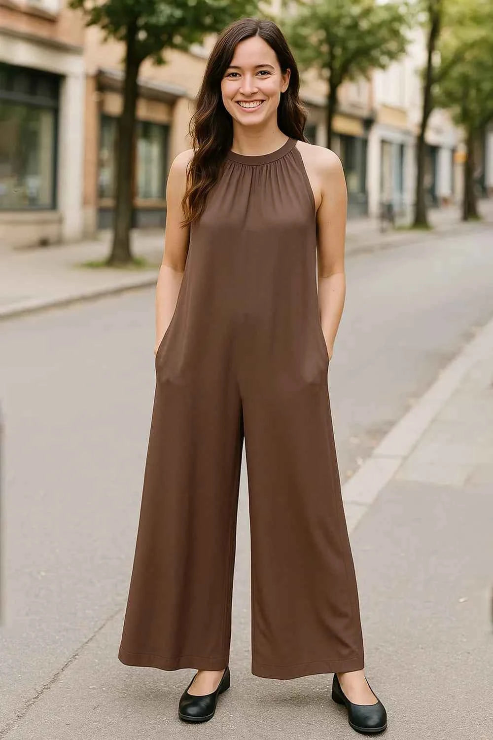 Double Take Full Size Tie Back Cutout Sleeveless Jumpsuit