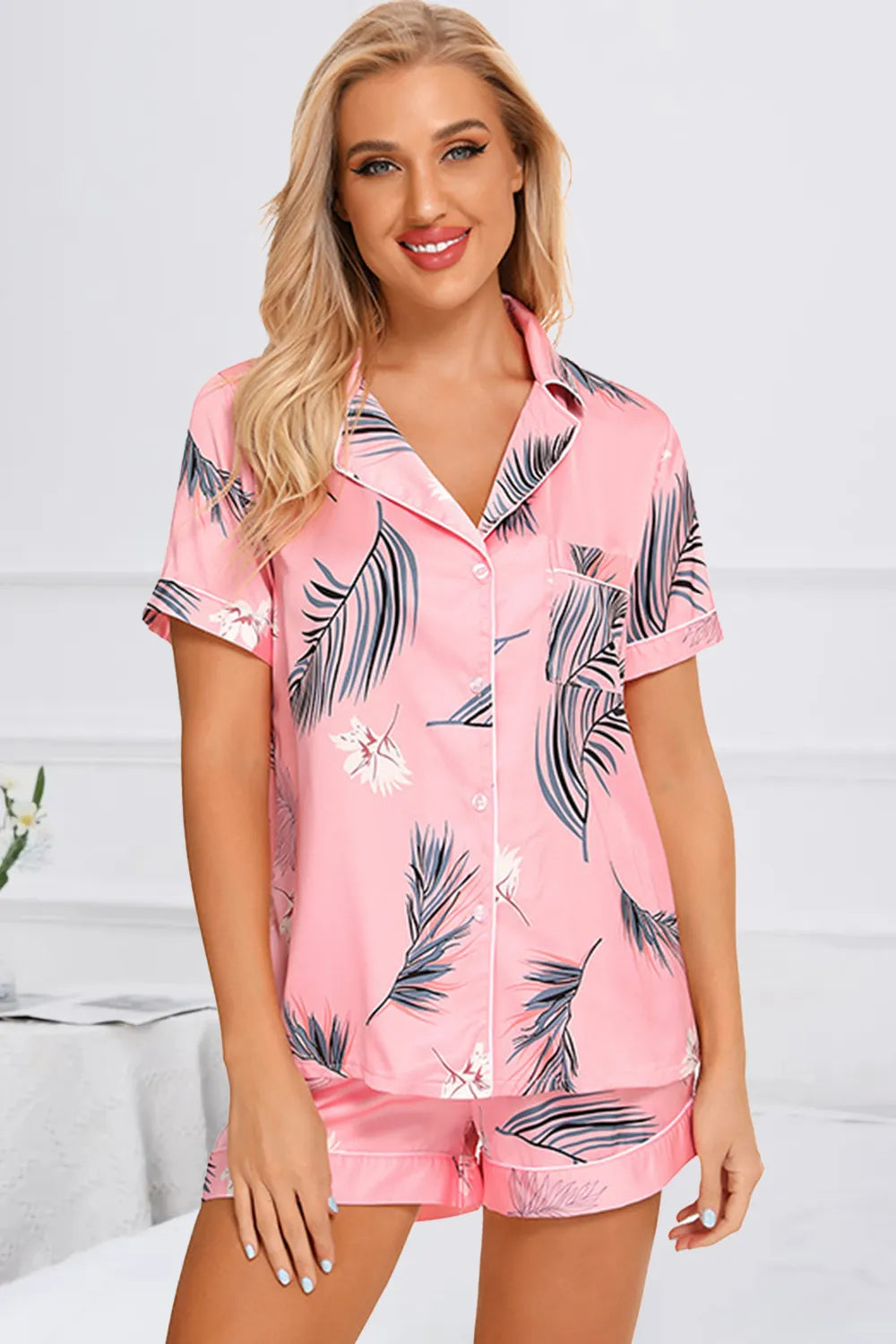 Printed Button Up Short Sleeve Top and Shorts Lounge Set — Livostyle