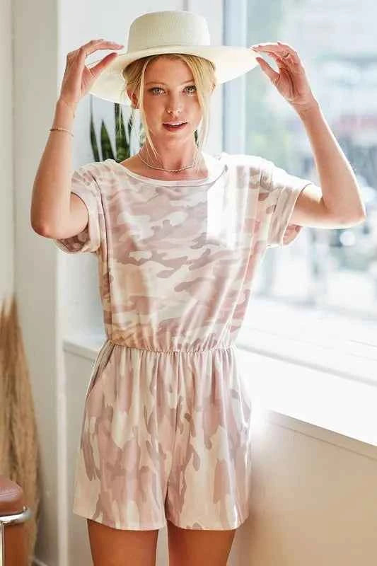 BiBi Camo Print French Terry Romper with Side Pockets