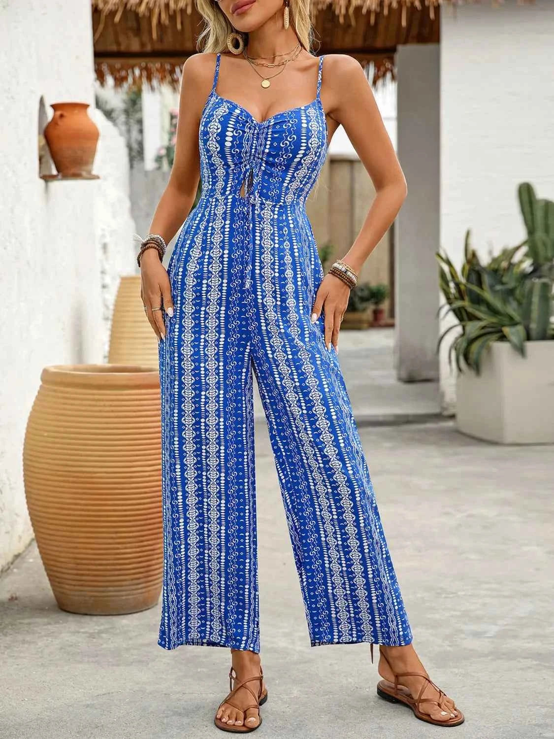 Printed Spaghetti Strap Wide Leg Jumpsuit — Livostyle