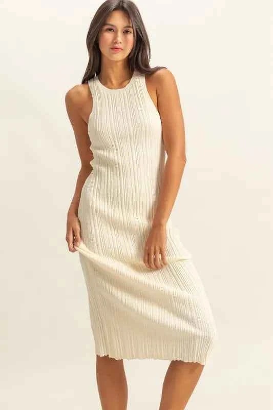 Round Neck Bodycon Ribbed Knit Dress in White