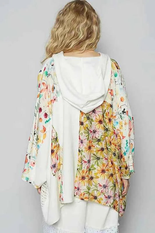POL Crochet Patch Lace Detail Button Detail Floral Hooded Top
