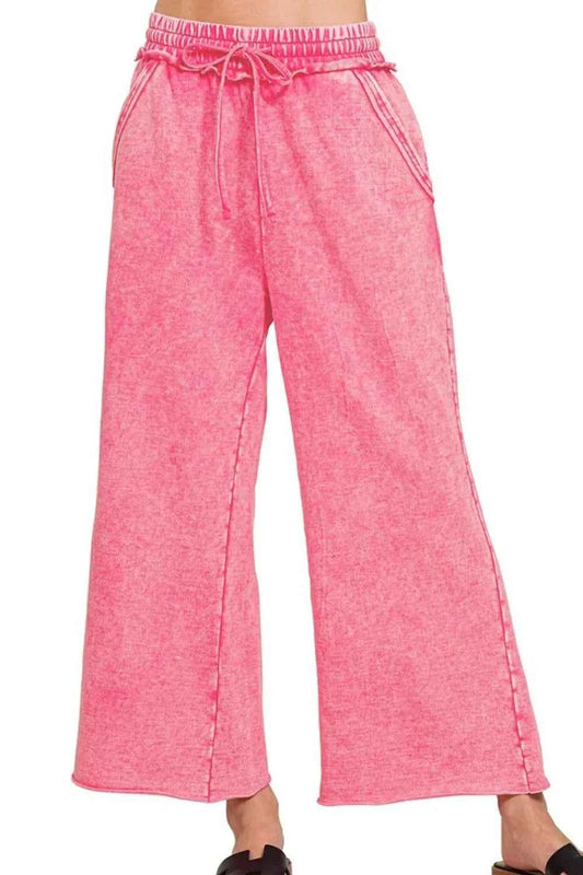 Zenana Washed French Terry Palazzo With Pockets