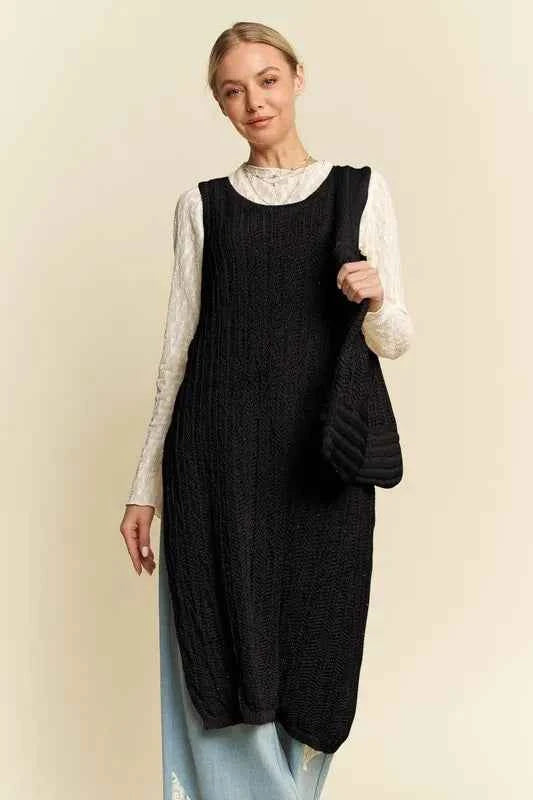Davi & Dani Knit Side Slit Round Neck Sleeveless Dress & Bag