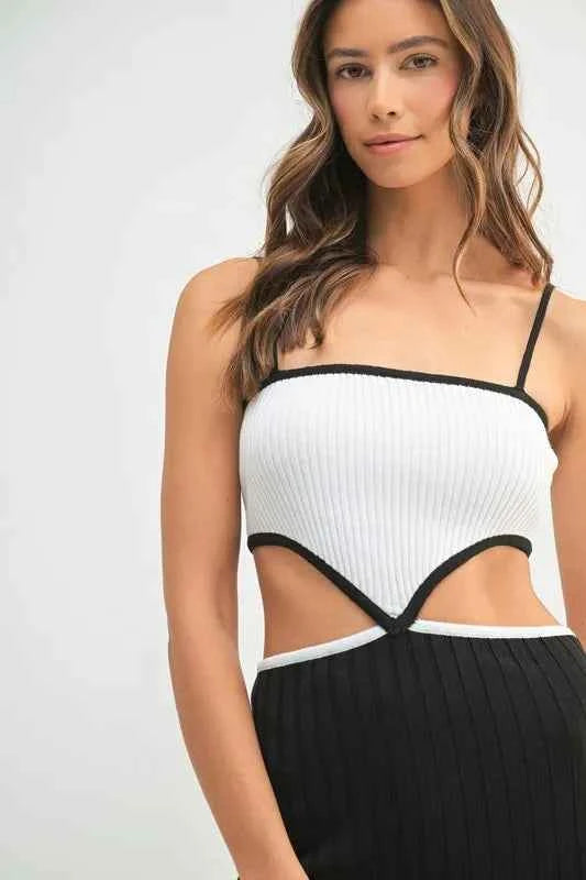 MABLE Ribbed Knit Color Block Cutout Midi Dress