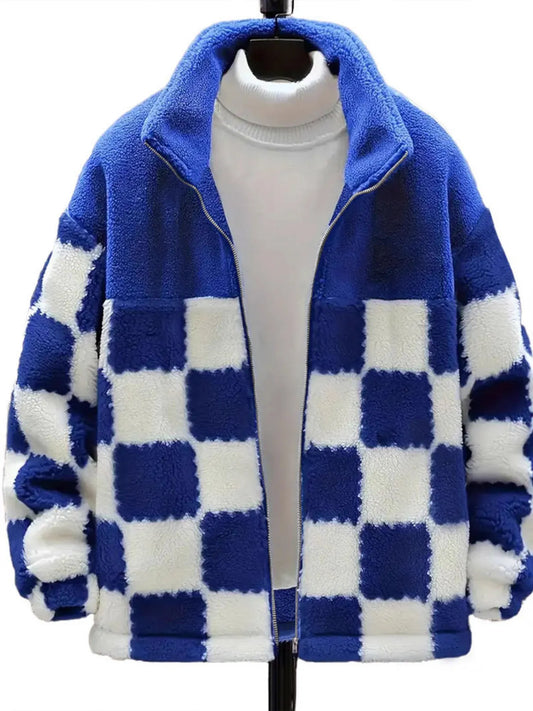 Checkered Fleece Oversized Zip Up Jacket detail — Livostyle