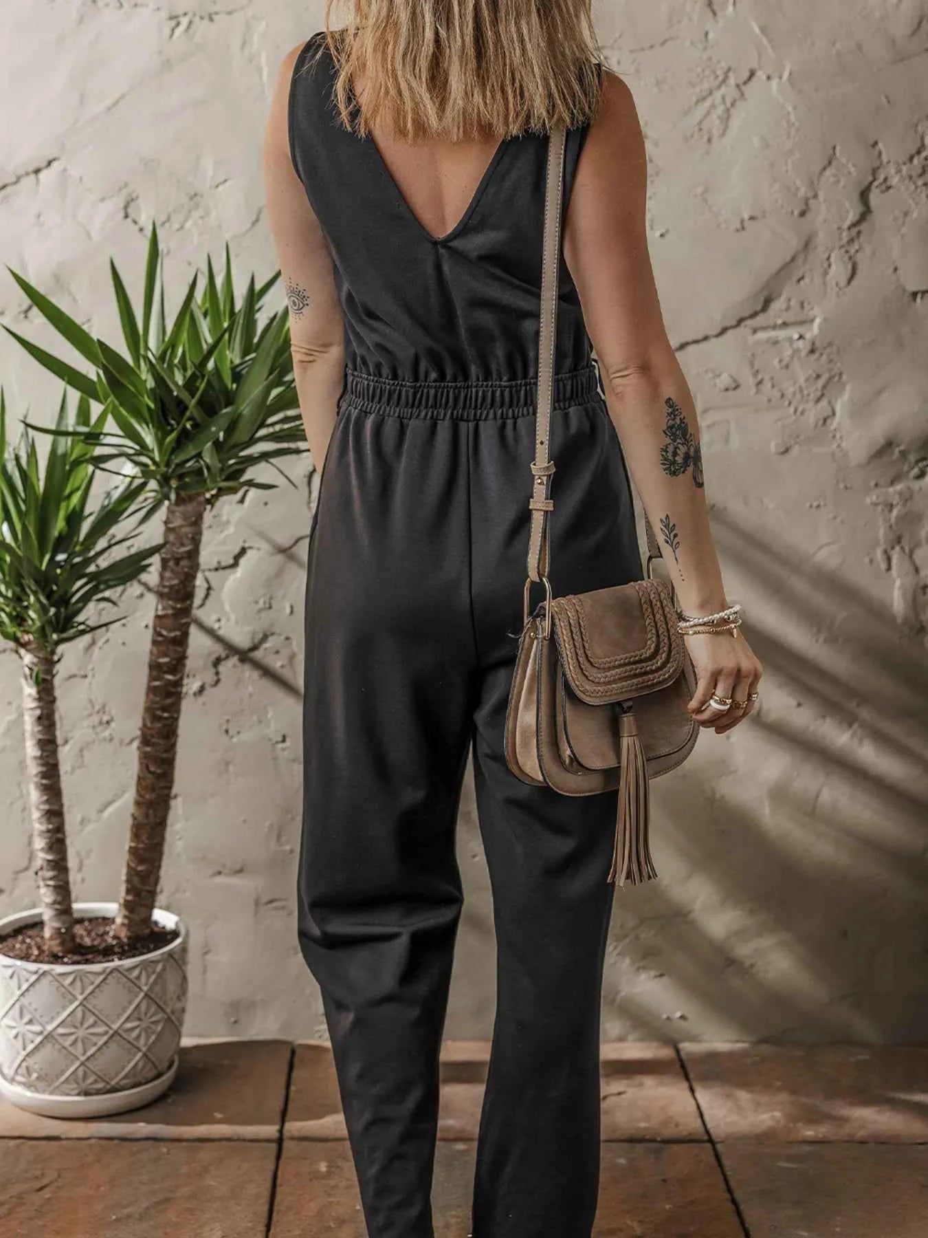 Wrap Surplice Sleeveless High Waist Jumpsuit