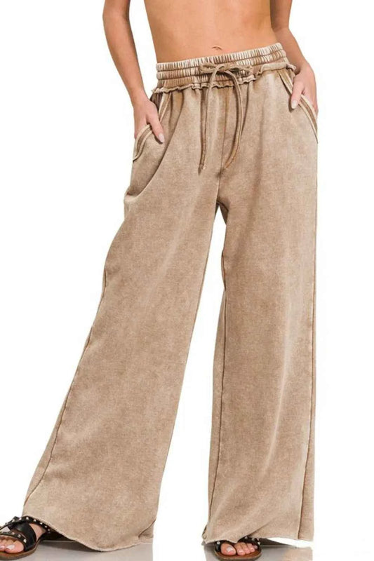 Zenana Acid Wash Fleece Palazzo Sweatpants with Pockets