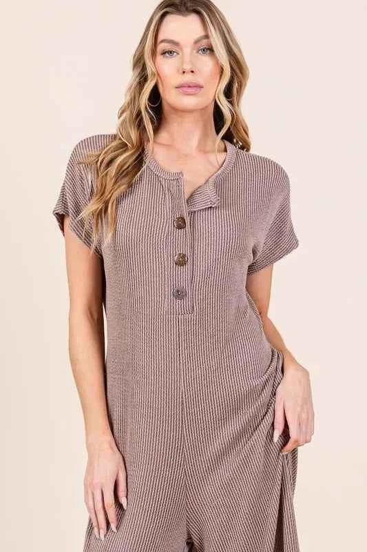 BOMBOM Rib Knit Jumpsuit with Button Detail