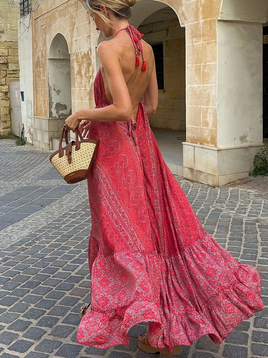 Tiered Halter Neck Backless Maxi Dress