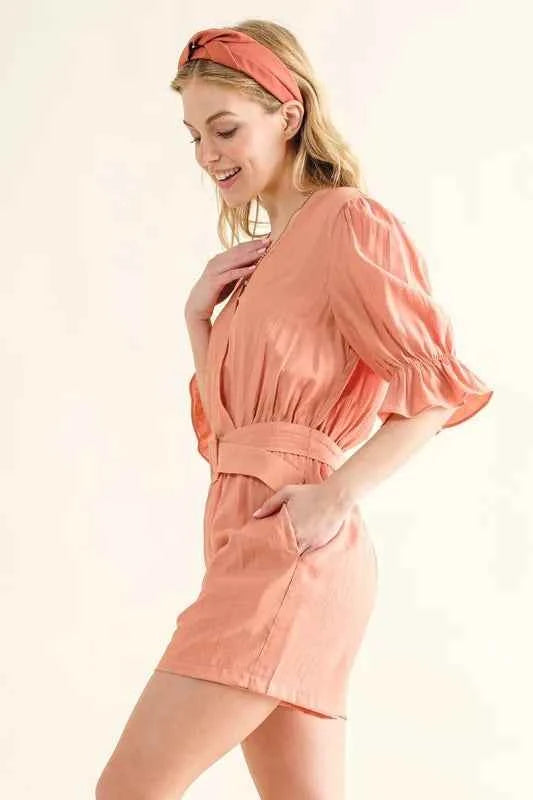 And The Why Flounce Sleeves Romper with Belt
