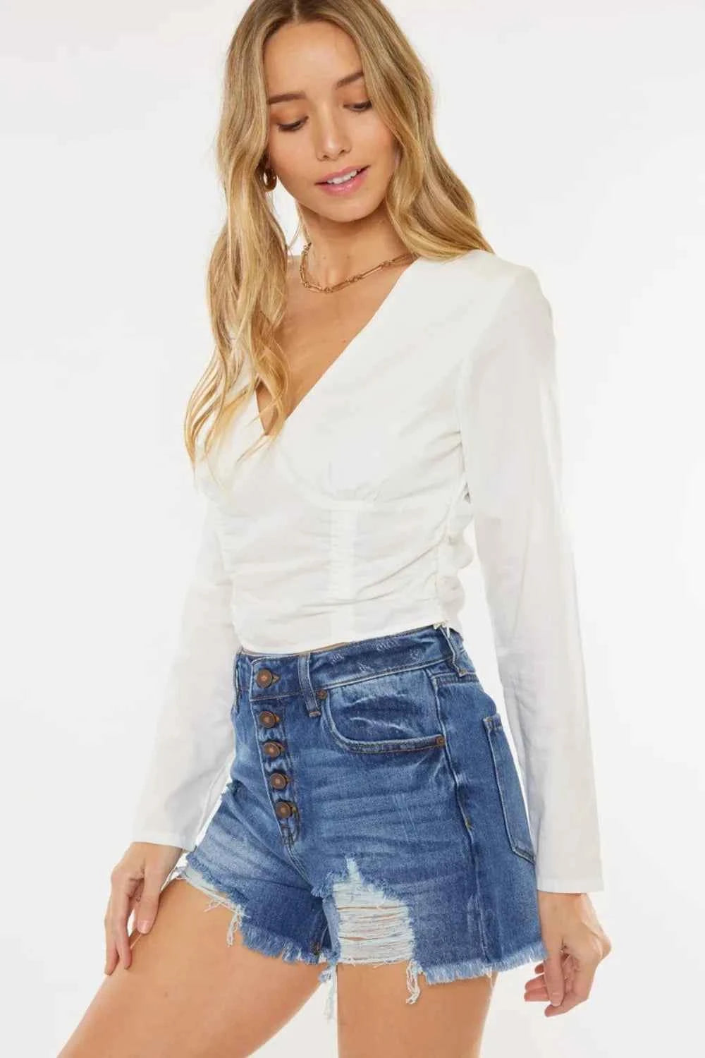 Kancan Distressed Button-Fly High Waist Denim Shorts